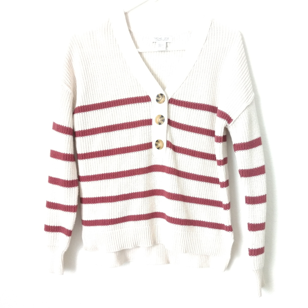 Rachel Zoe Sweater Red Striped Oversized V-Neck Chunky Size XS Chest 40"